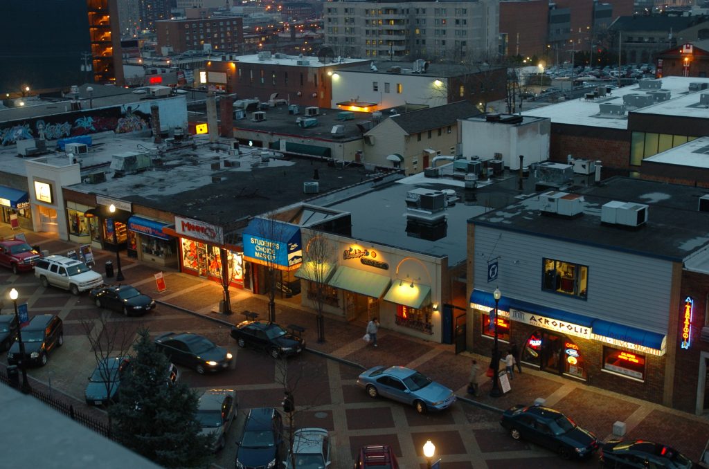 Several restaurants lit up at night